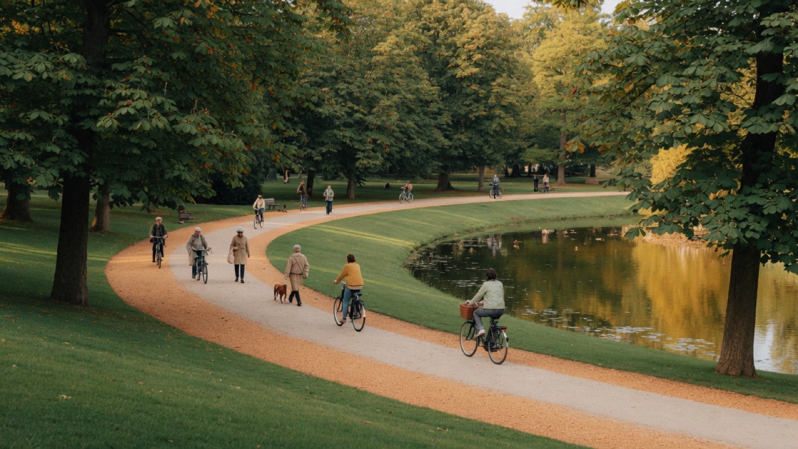 Vondelpark tree-lined path soft afternoon light Amsterdam