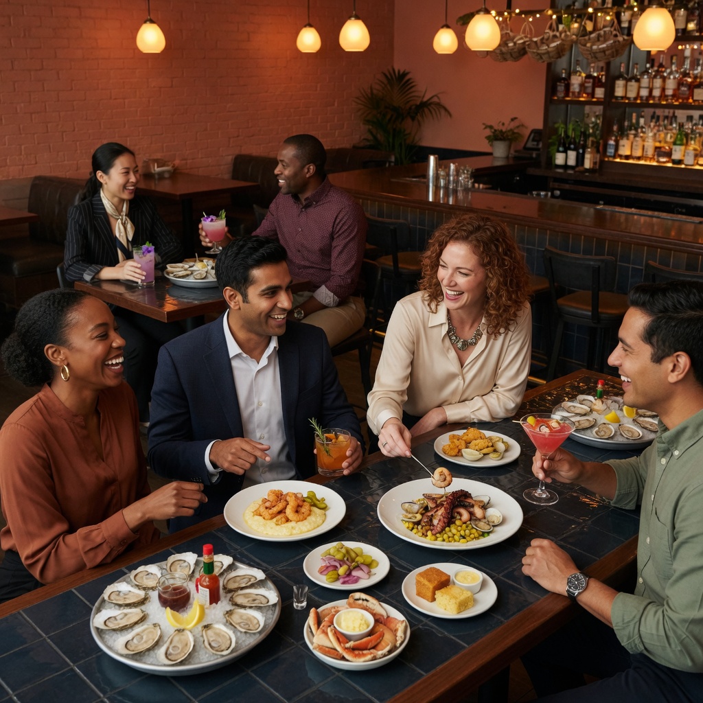BeetleCat seafood bar with oyster platters and warm lounge seating