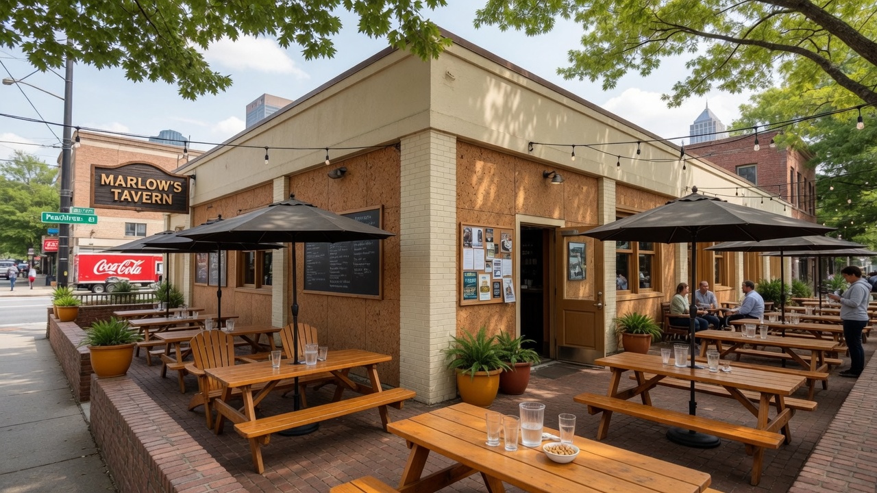 Marlow’s Tavern spacious interior with group tables and craft beer
