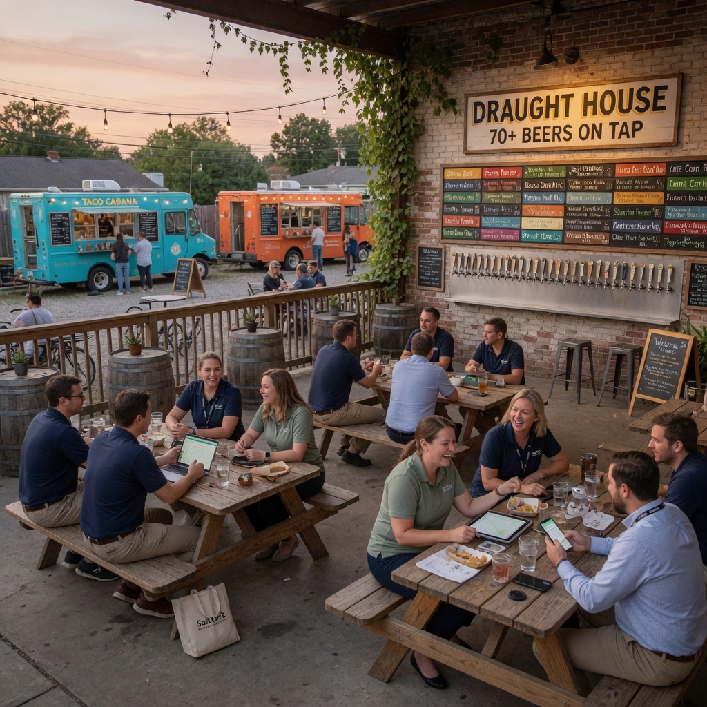 Draught House Pub & Brewery patio with shaded picnic tables