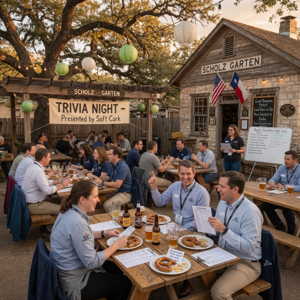 Scholz Garten shaded historic beer garden with long tables and a stage