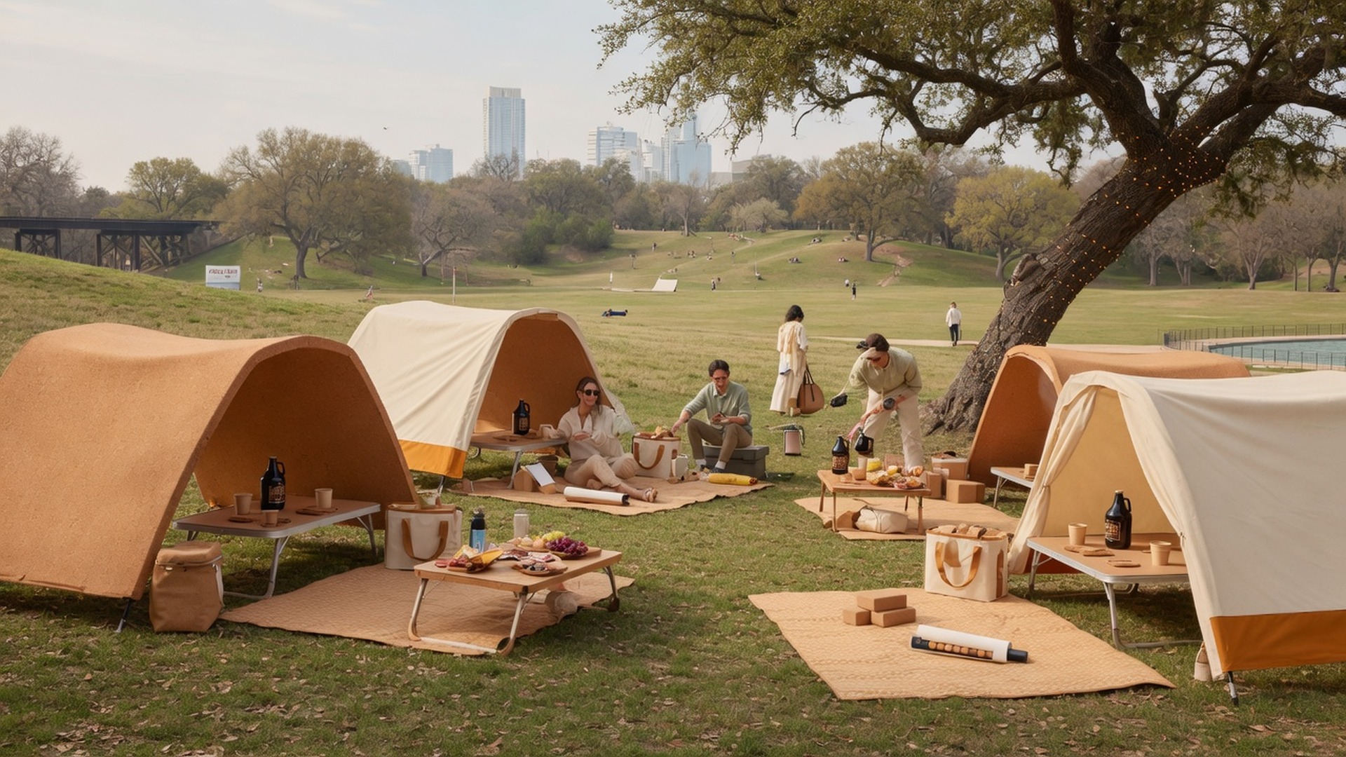 Zilker Park wide lawns with groups and Austin skyline