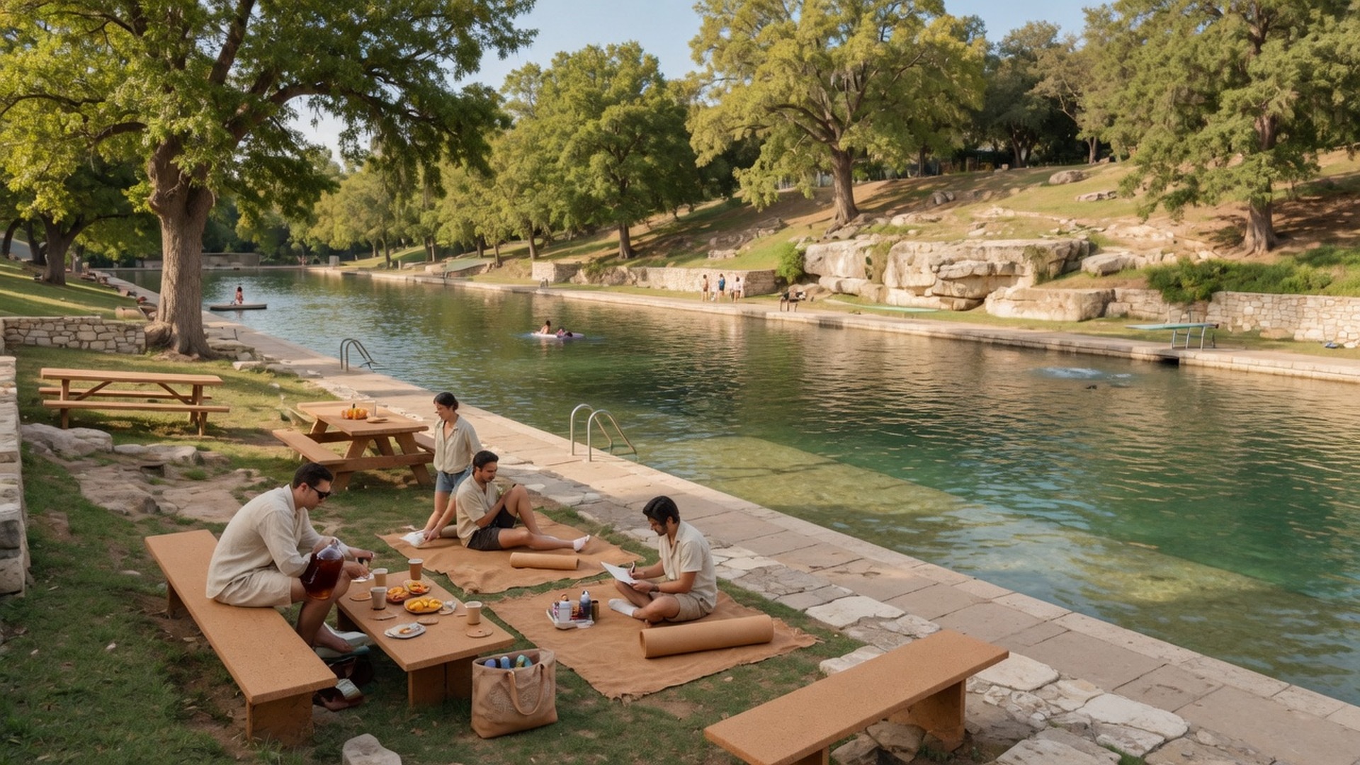 Barton Springs Pool clear turquoise water with grassy banks