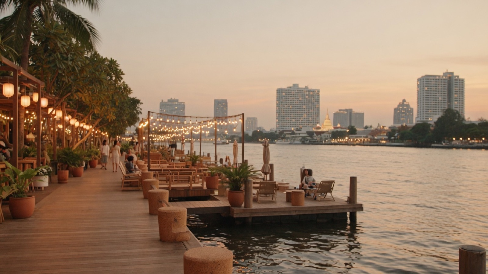 Soft Cork Asiatique riverfront evening lights Bangkok