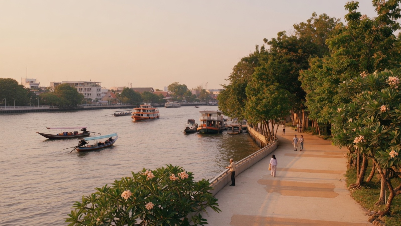 Soft Cork Chao Phraya river promenade evening Bangkok
