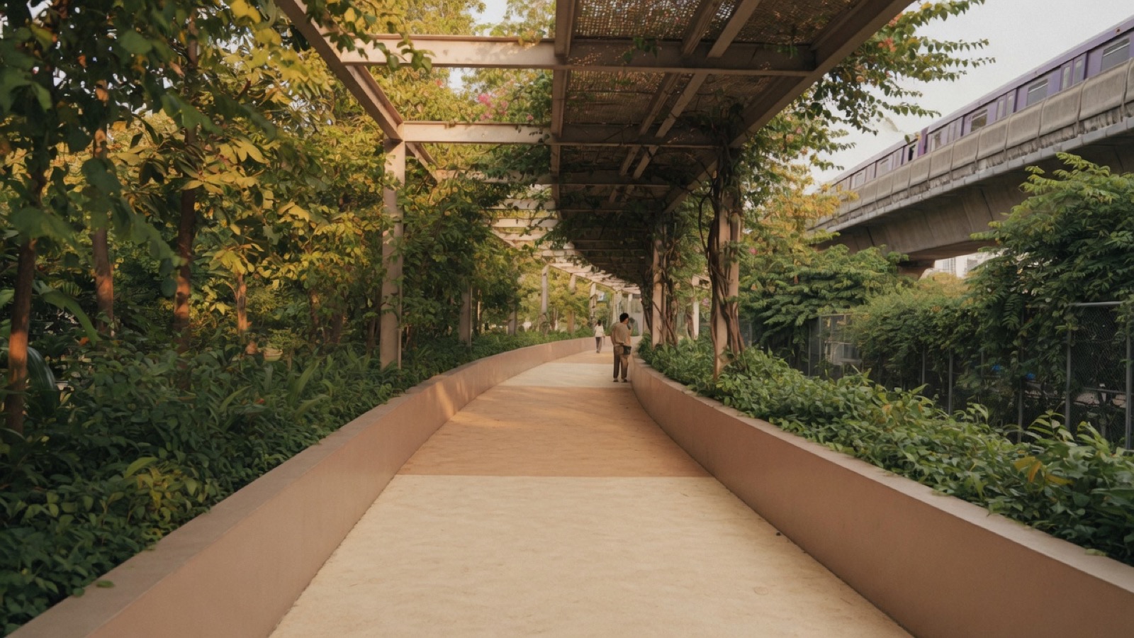 Soft Cork shaded elevated walkway Bangkok greenery