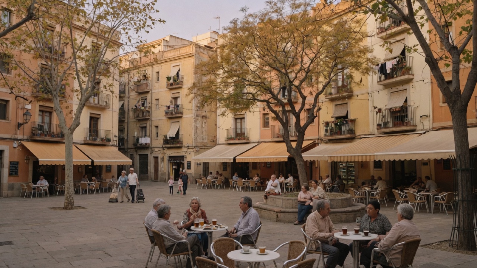 Gracia plaza terrace evening Barcelona