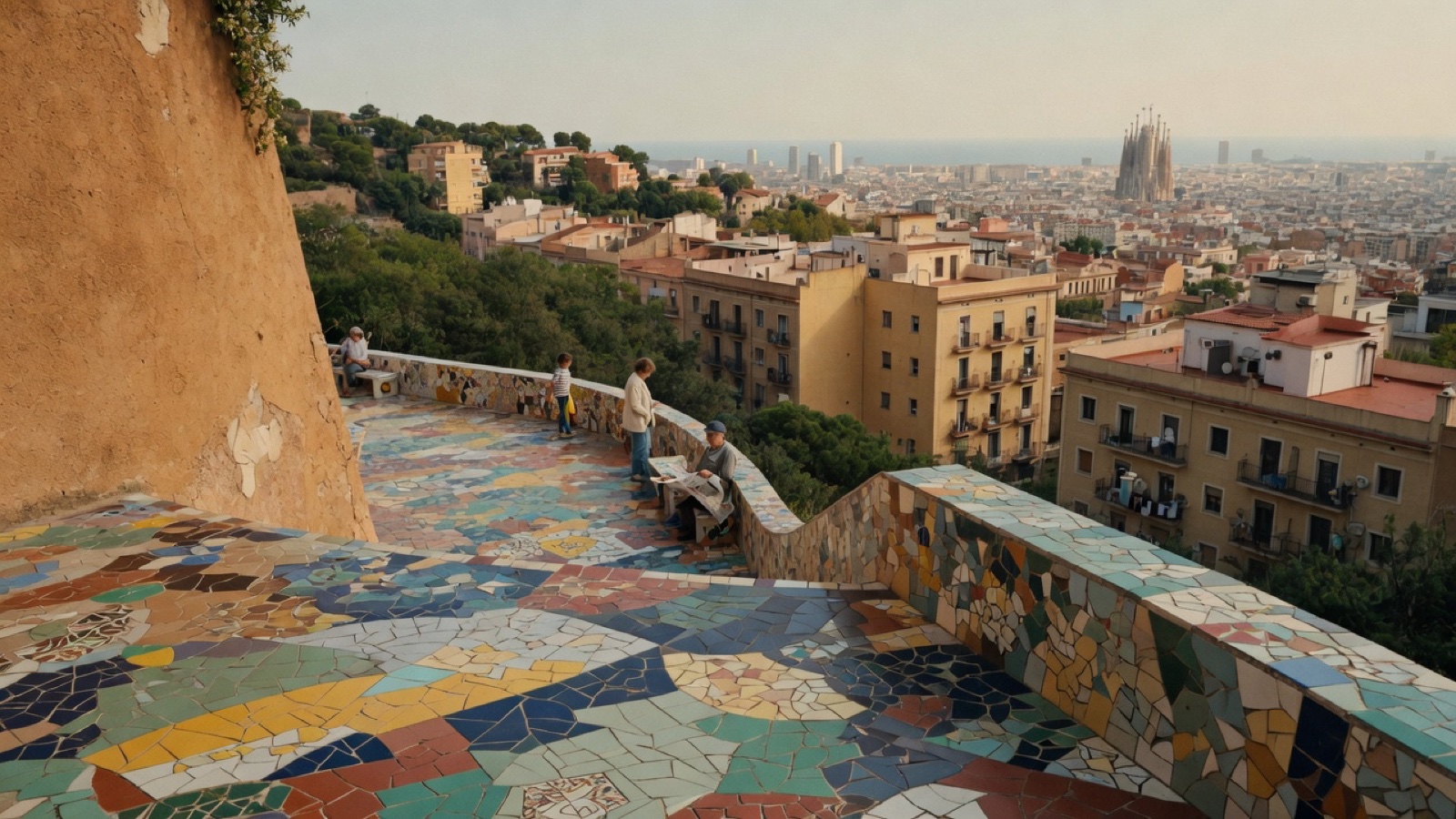 Park Guell hillside mosaic views Barcelona