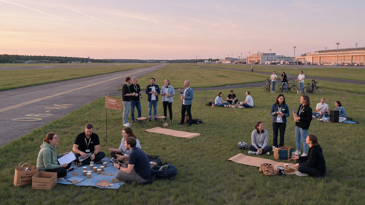 Wide open former airport field at Tempelhofer Feld Berlin under soft evening light with small groups scattered