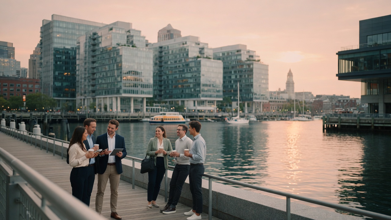 Soft Cork Seaport District waterfront plaza for company end-of-day hangs