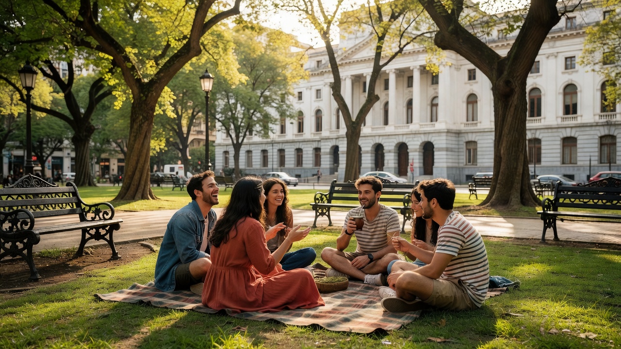 Friends sitting on the grass in Parque Tres de Febrero, Buenos Aires, relaxed company hangout
