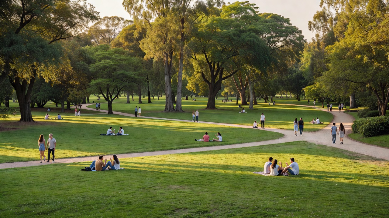 Wide lawns and tree avenues in Parque Tres de Febrero