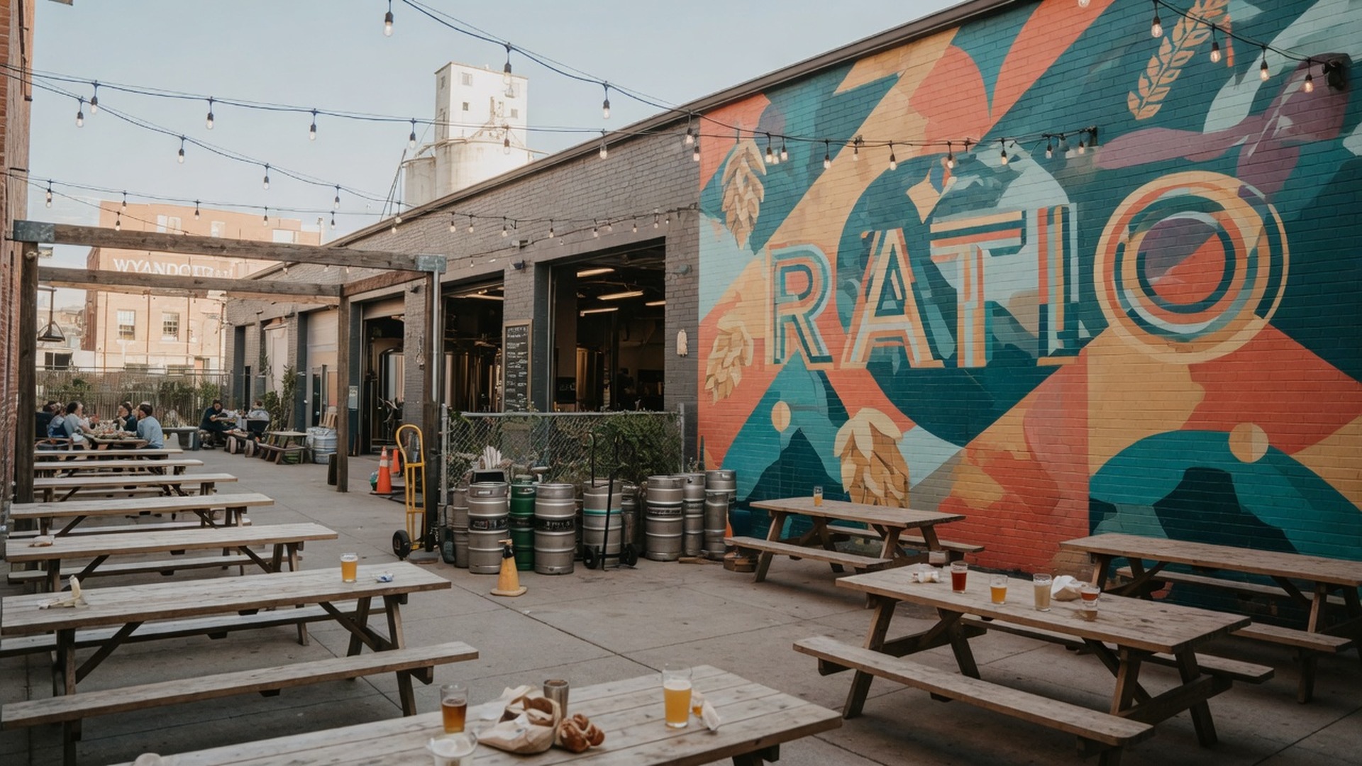 Ratio Beerworks taproom with mixed groups enjoying flights on the patio