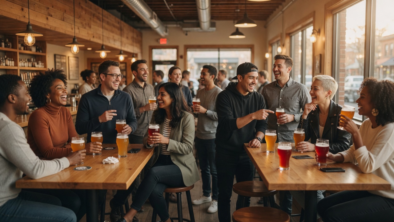 Denver Beer Co. interior with groups at high-top tables