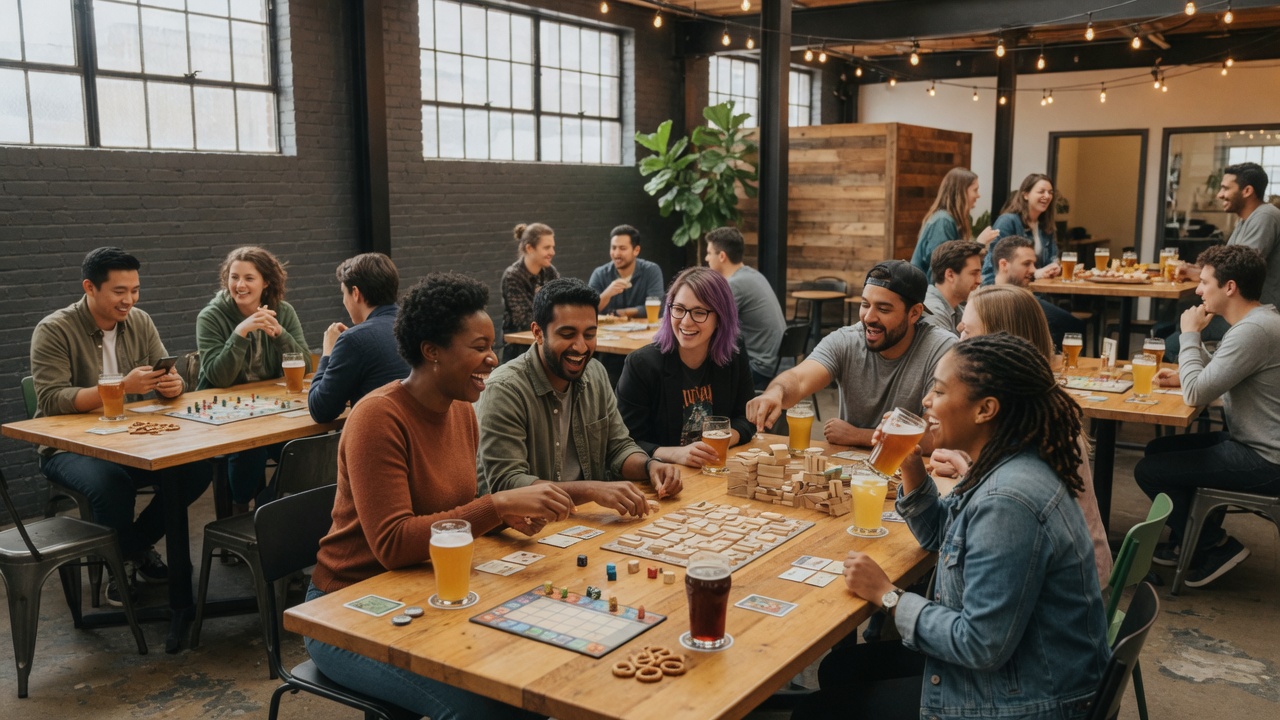 Black Shirt Brewing game area with professionals laughing