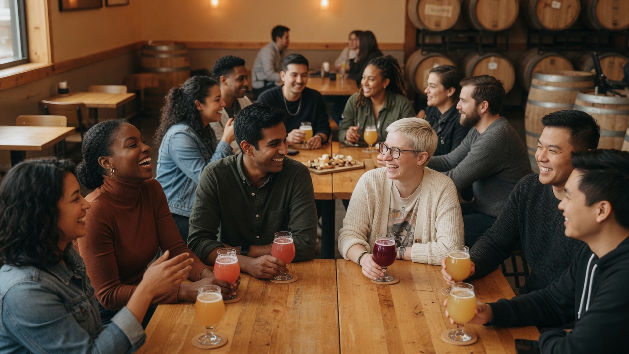 Crooked Stave intimate taproom with professionals sharing sour flights
