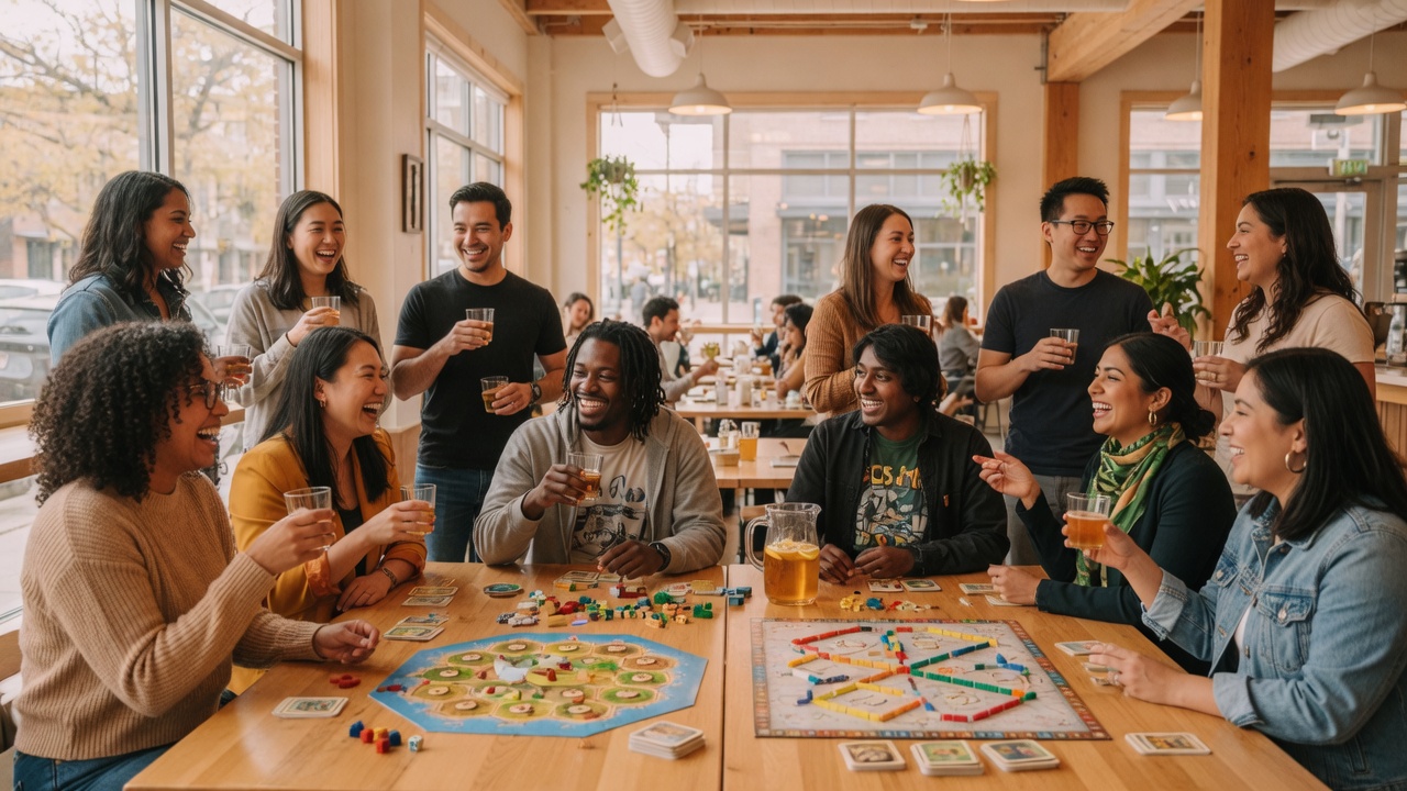 Stem Ciders bright taproom with colleagues at game tables