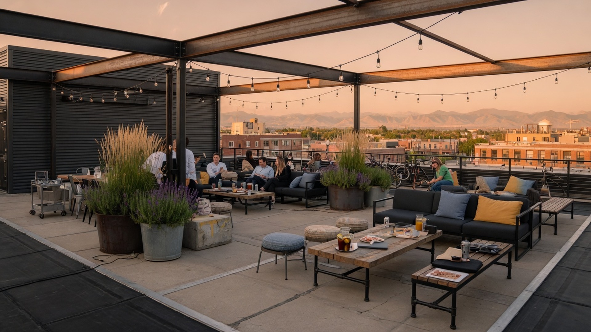 RiNo rooftop with mountain views and professional groups toasting