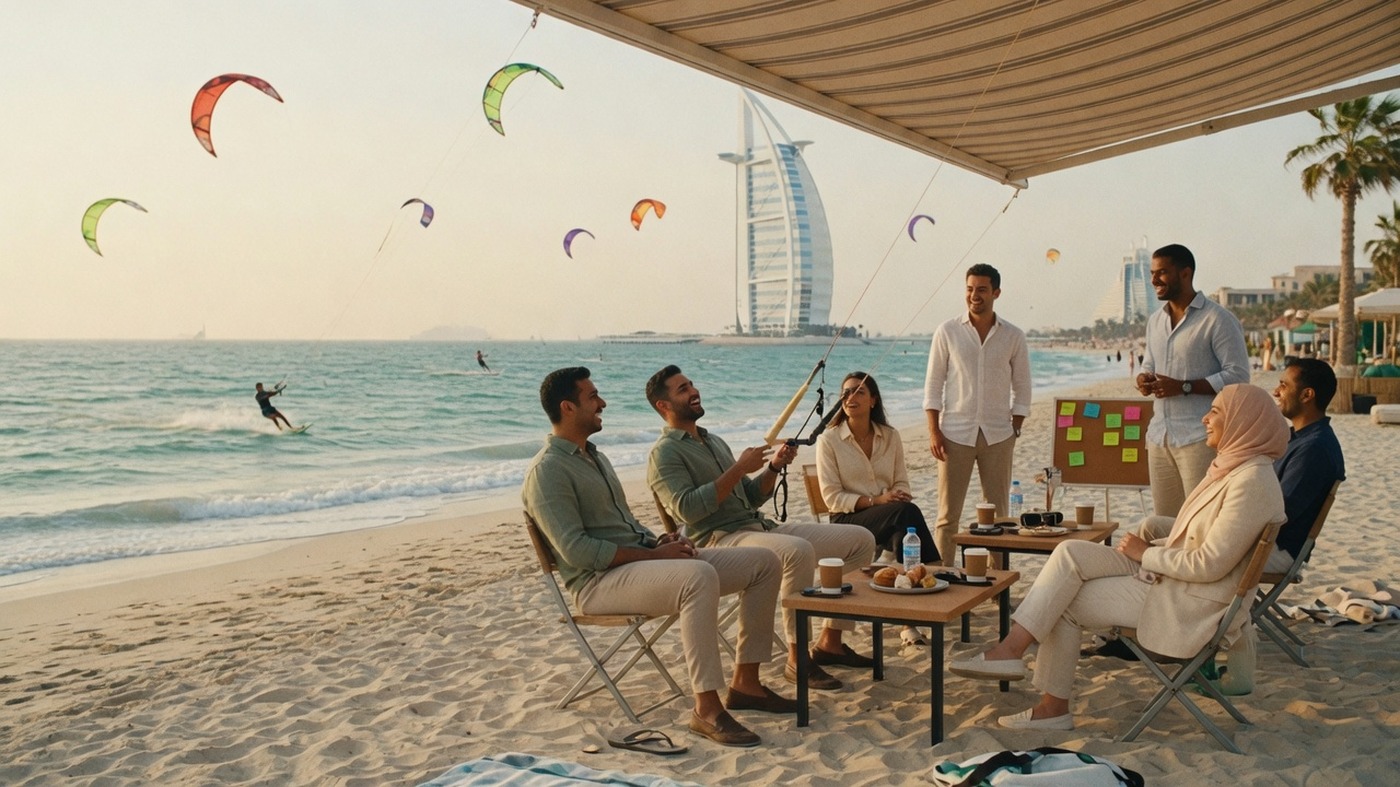 Kite Beach morning light with kites over water Dubai