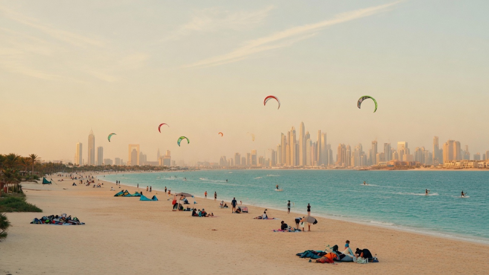 Kite Beach morning light with kites over water Dubai