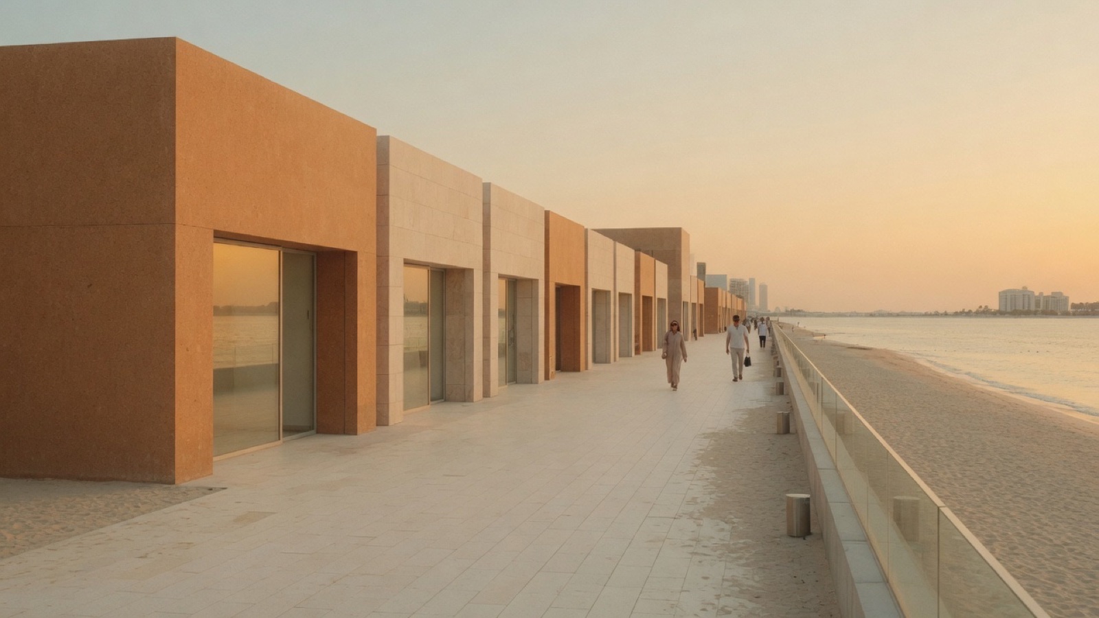 JBR boardwalk beach and towers Dubai evening