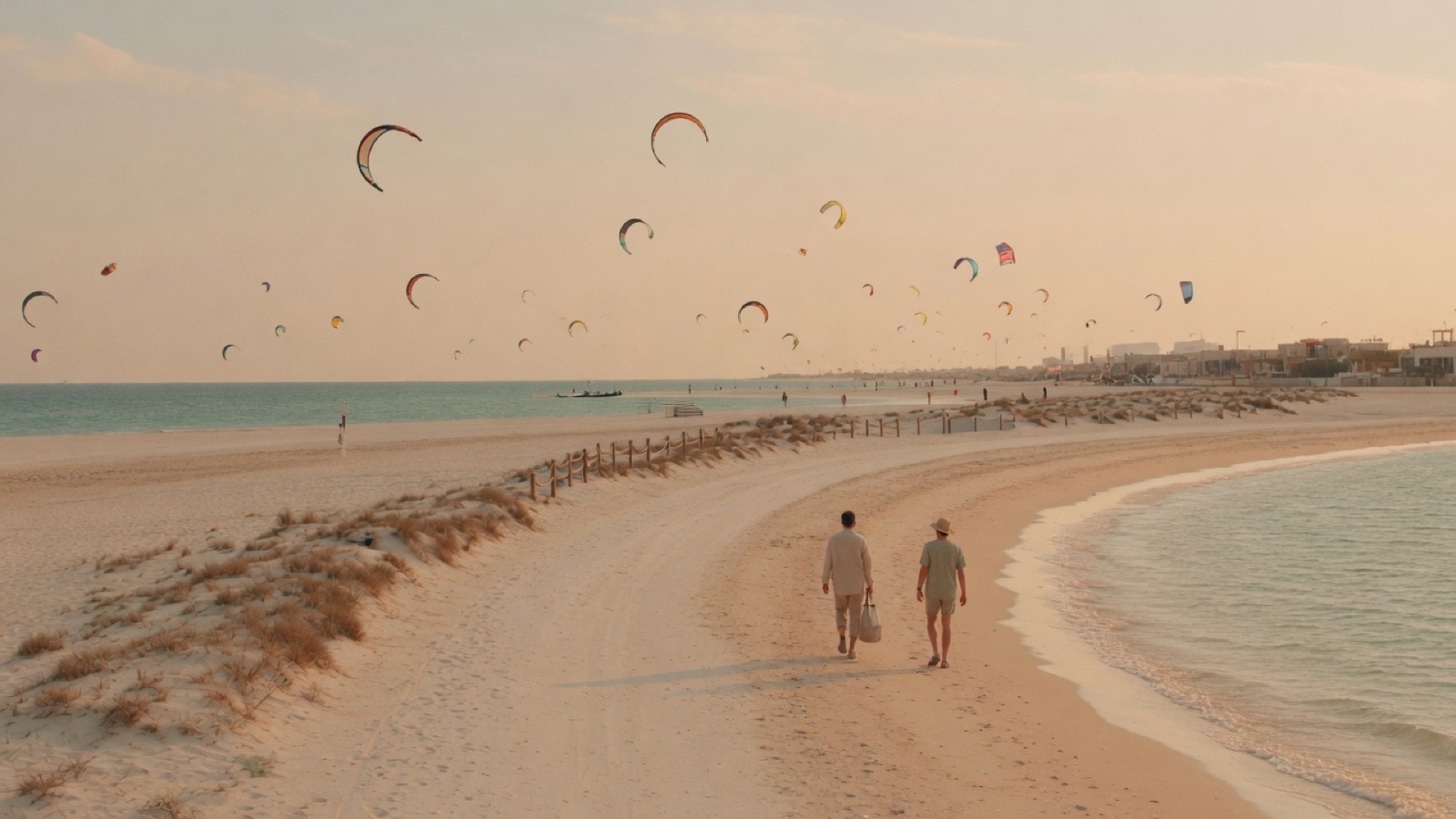 Beach with kite surfers and skyline Kite Beach Dubai