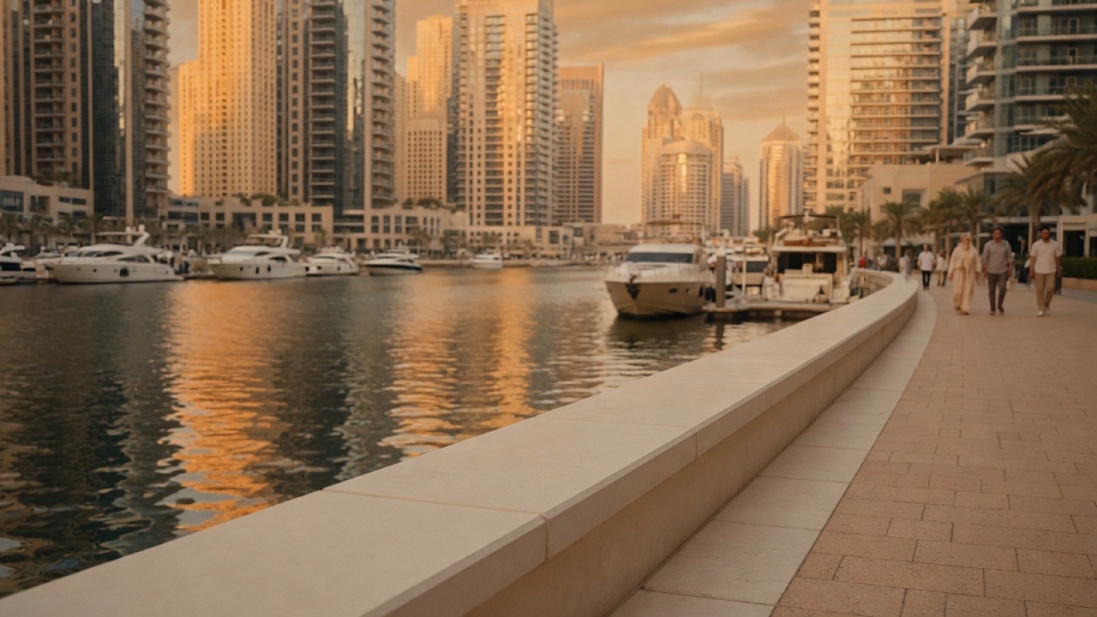 Marina promenade water and towers Dubai evening