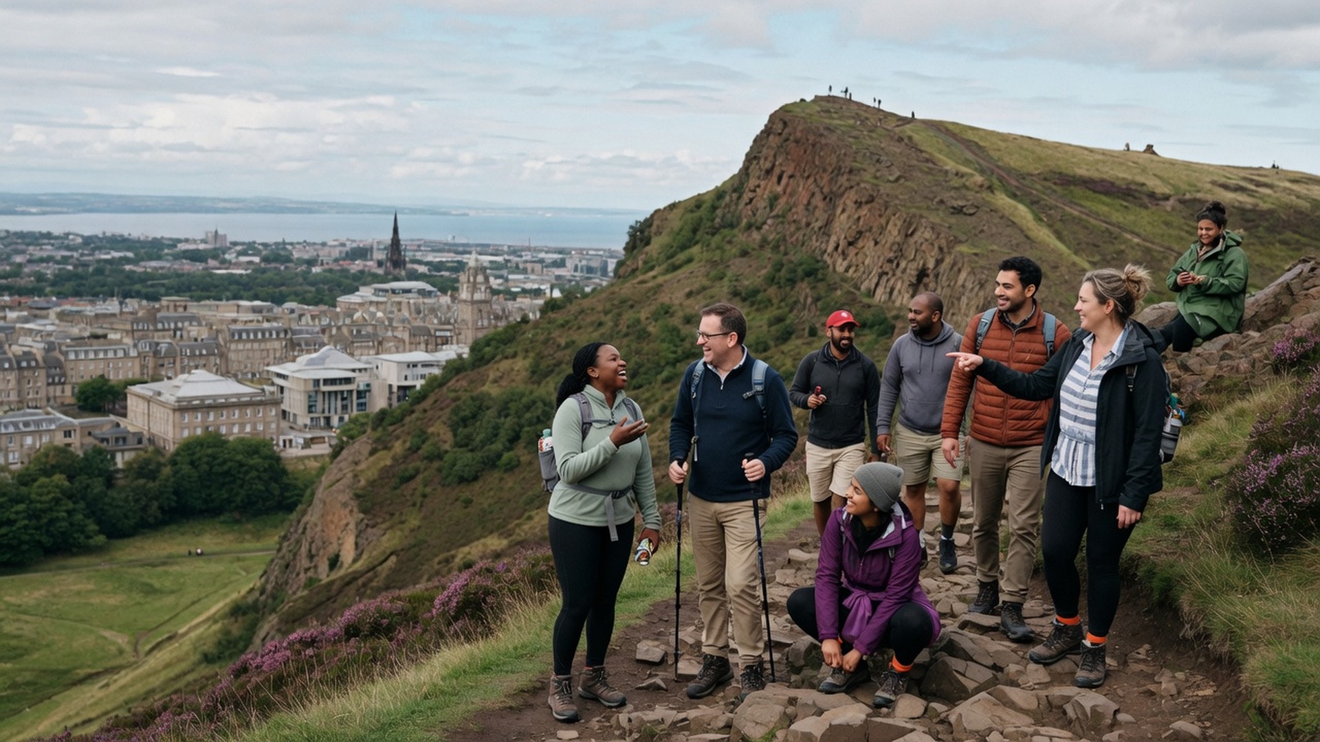 Colleagues at the summit of Arthur’s Seat with panoramic city views