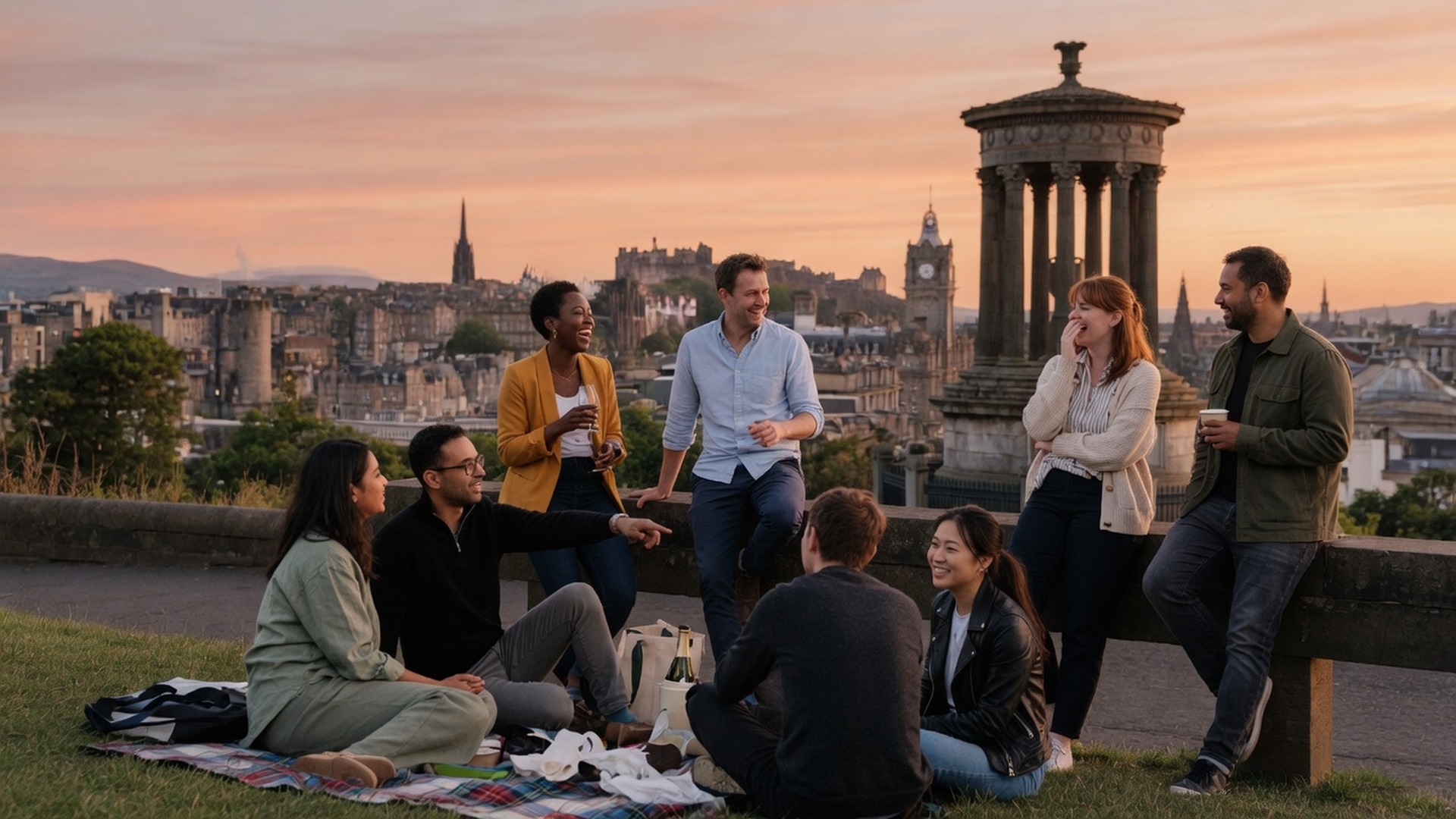 Friends watching sunset from Calton Hill with city panorama