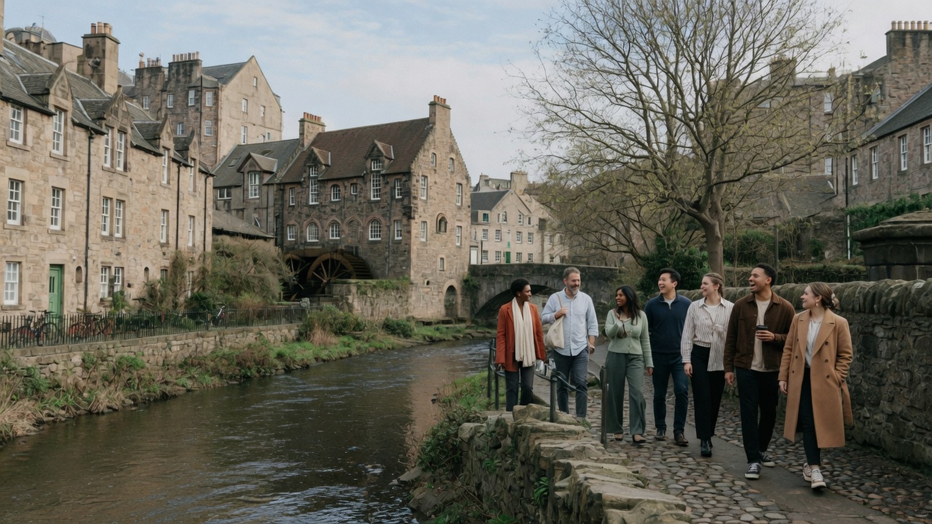Friends walking through the picturesque streets of Dean Village along the Water of Leith