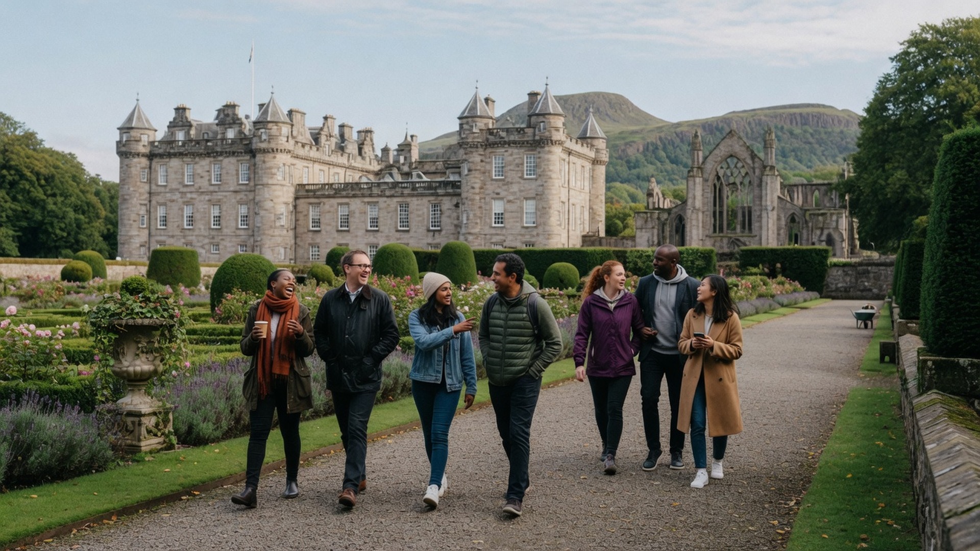 Friends walking through the peaceful formal gardens at Holyroodhouse