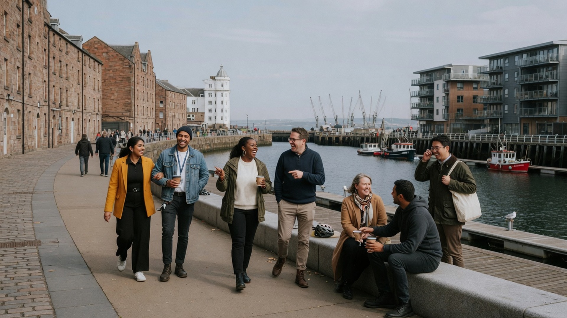 Colleagues enjoying drinks on the waterfront at Leith Shore