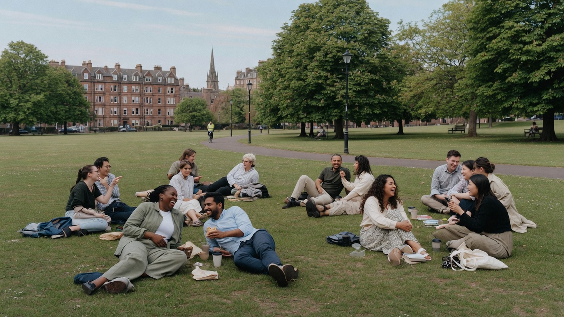 Friends and colleagues relaxing on the grass in The Meadows