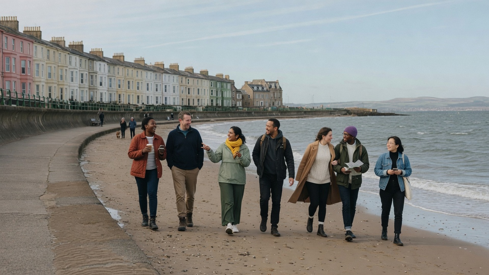 Friends walking along Portobello Beach promenade on a bright day