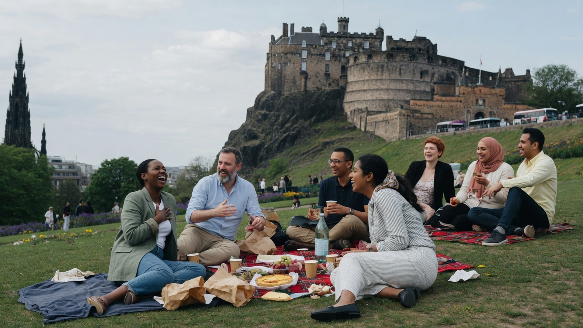 Colleagues picnicking in Princes Street Gardens with Edinburgh Castle behind them