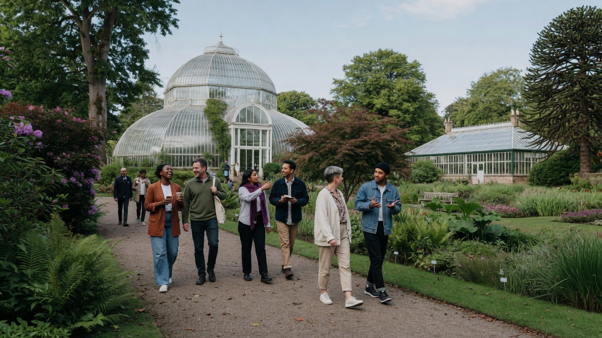 Colleagues walking through the colourful borders at the Royal Botanic Garden
