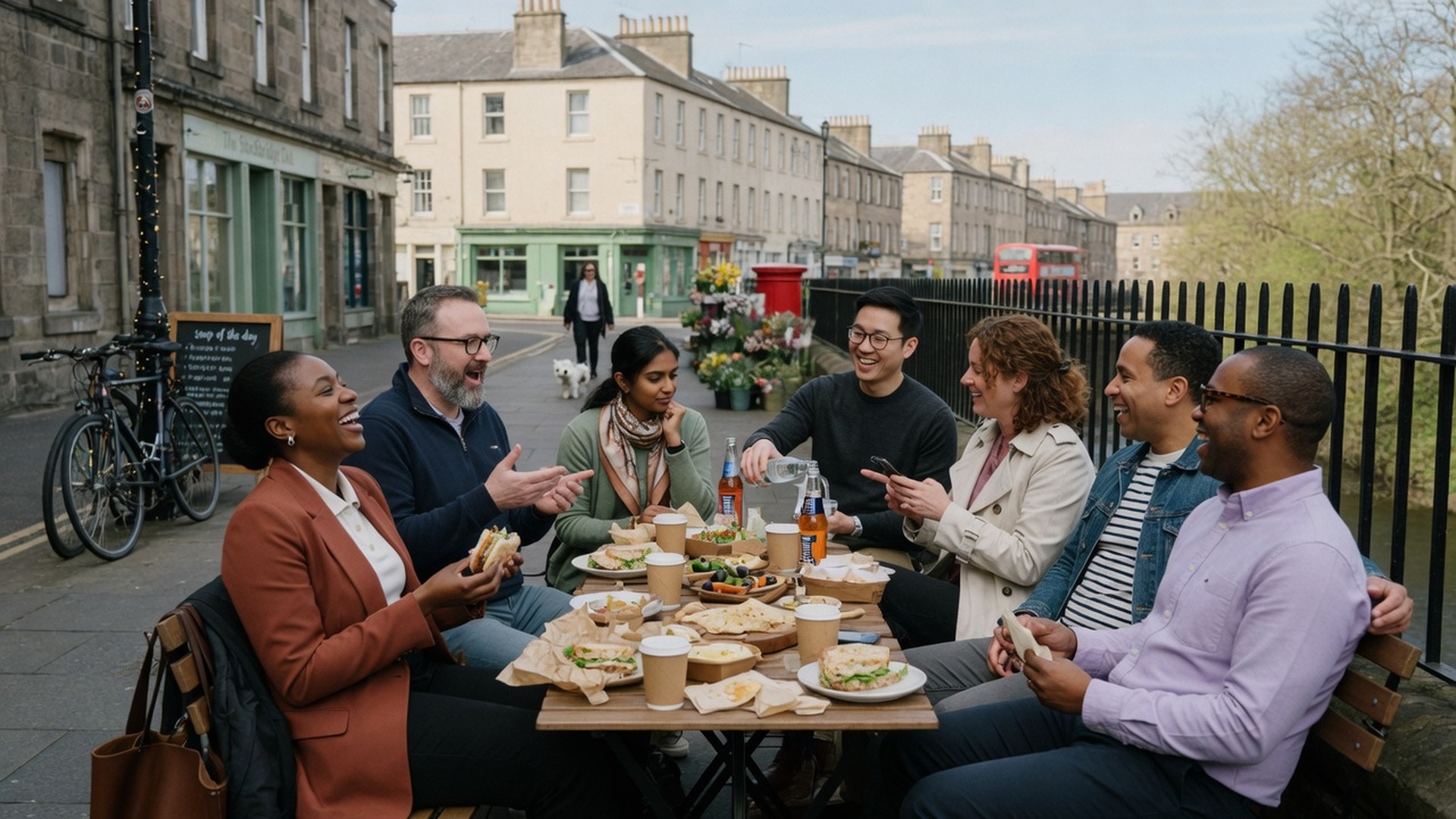 Colleagues having lunch at an outdoor table in Stockbridge