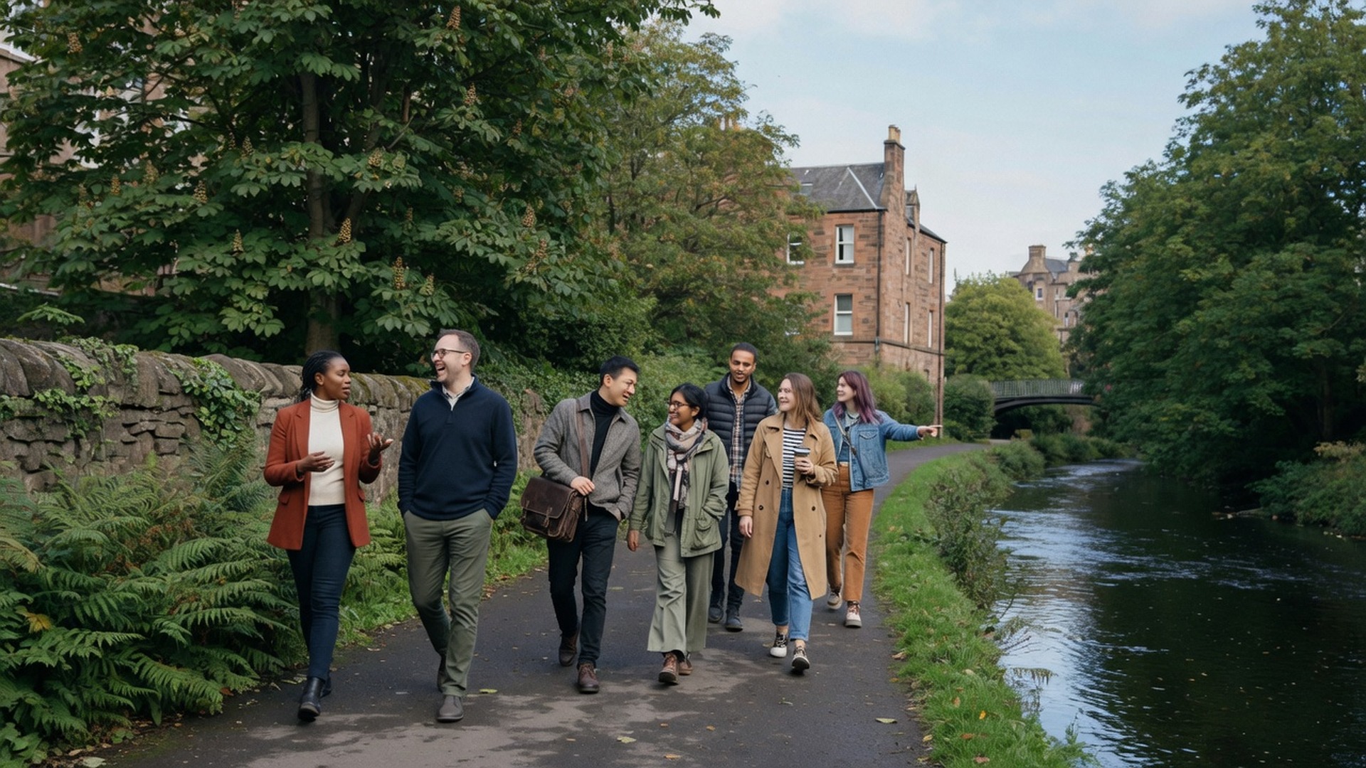 Colleagues walking the tree-lined Water of Leith path near Dean Village