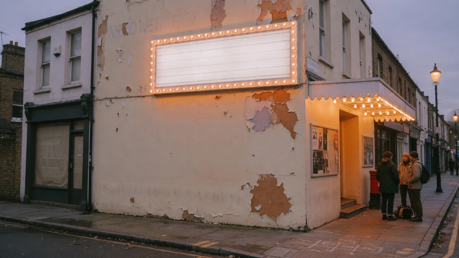 Warm lit cinema street frontage in London at dusk