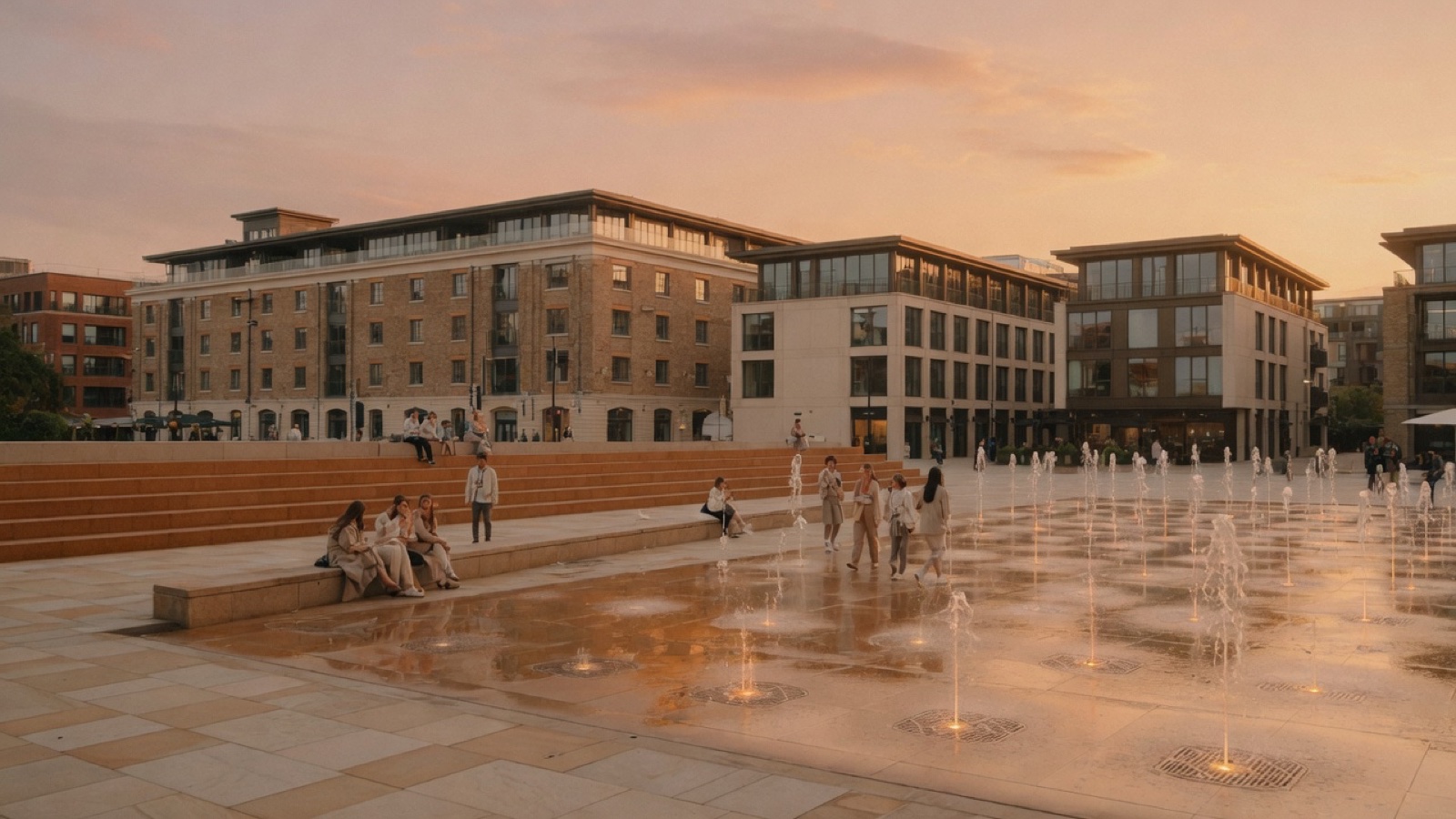 Evening fountains at Granary Square, King's Cross London