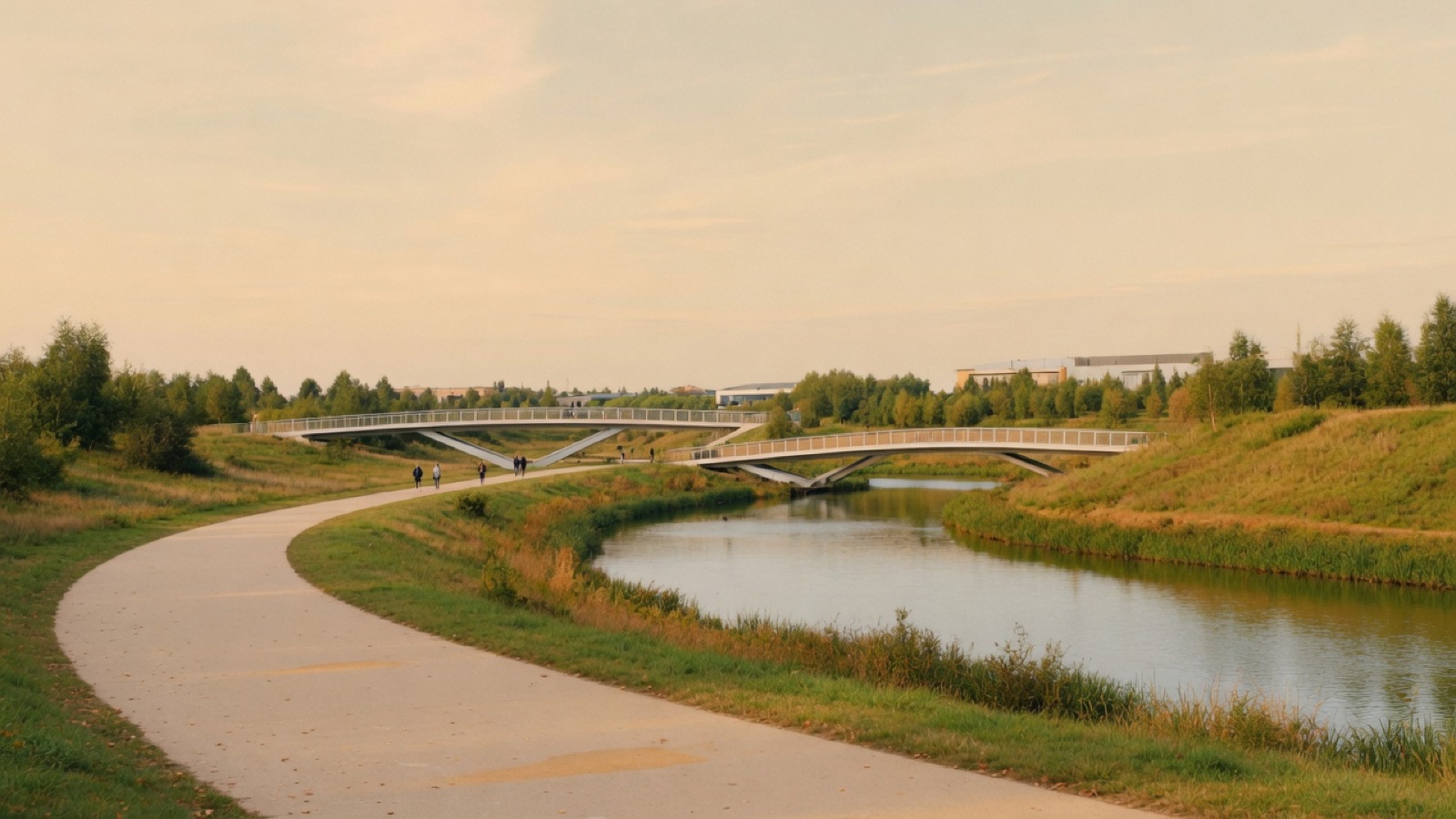 Open paths and water in Queen Elizabeth Olympic Park London