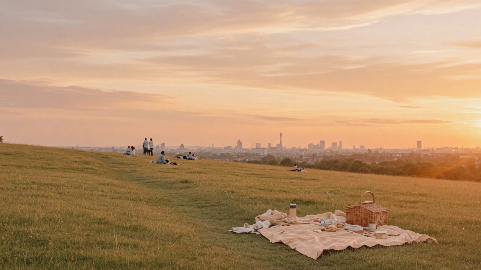 Open grass and London skyline from Parliament Hill on Hampstead Heath