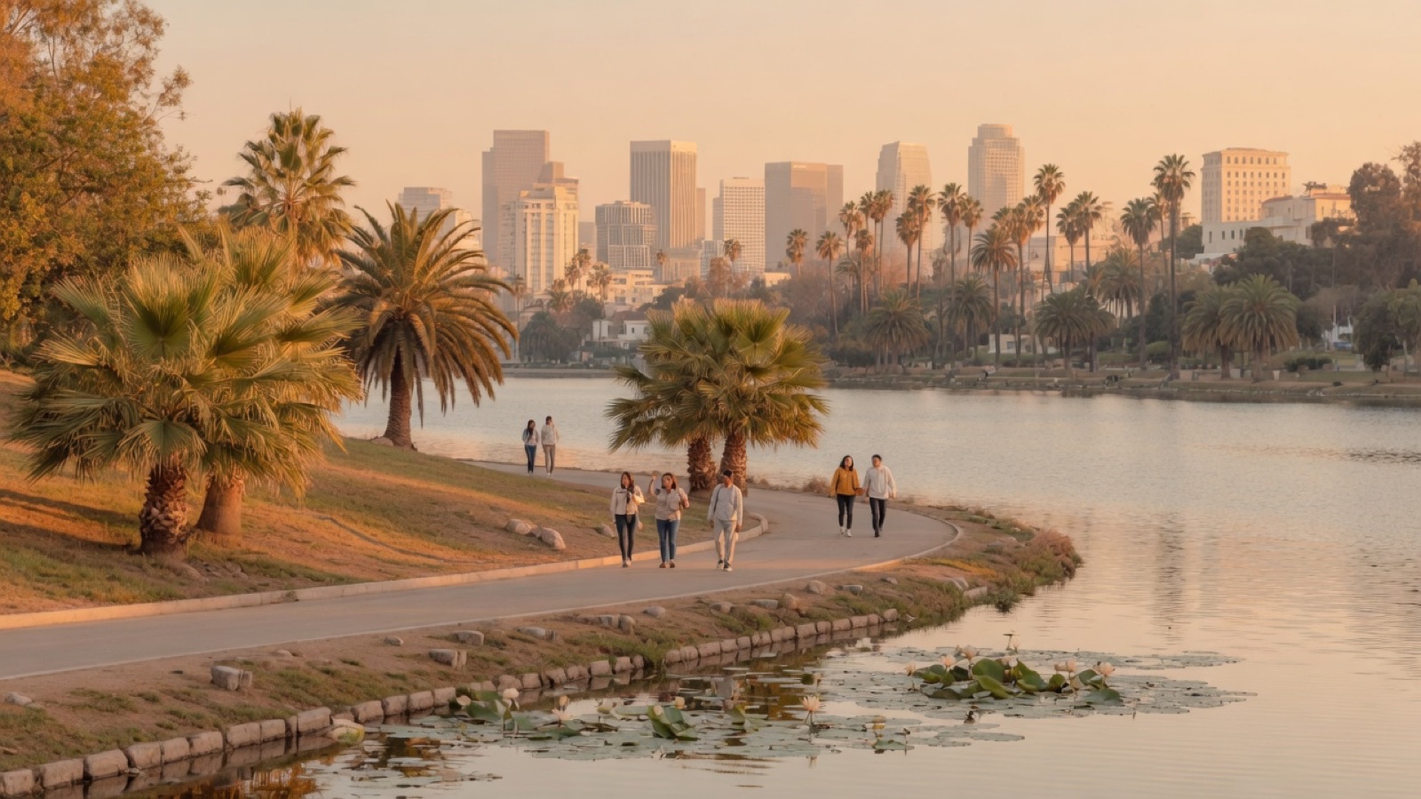 Path around Echo Park Lake with downtown skyline
