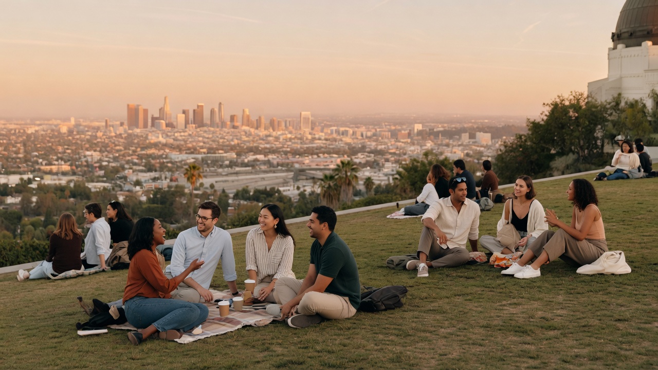 Golden light on Griffith Observatory hillside overlooking Los Angeles
