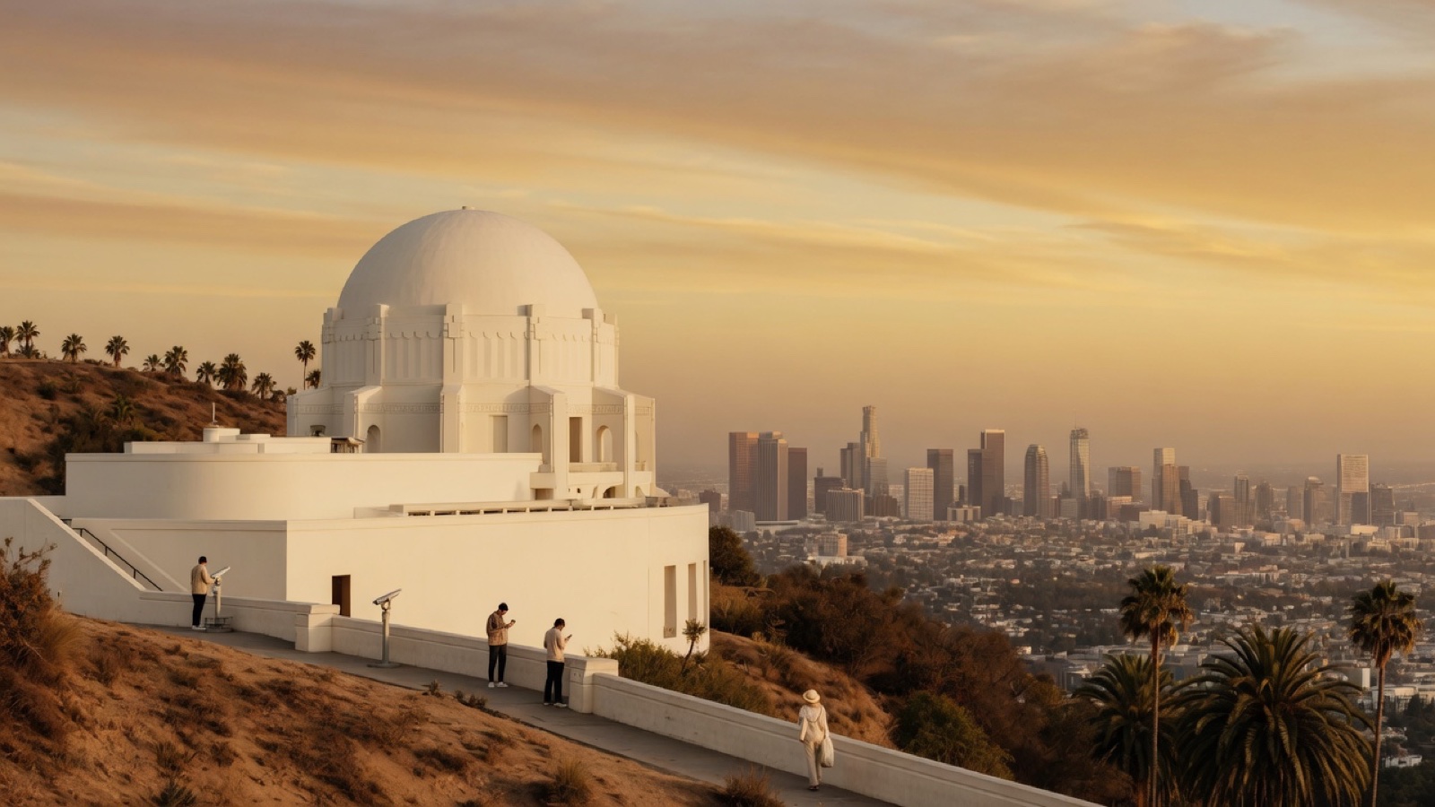 Golden light on Griffith Observatory hillside overlooking Los Angeles