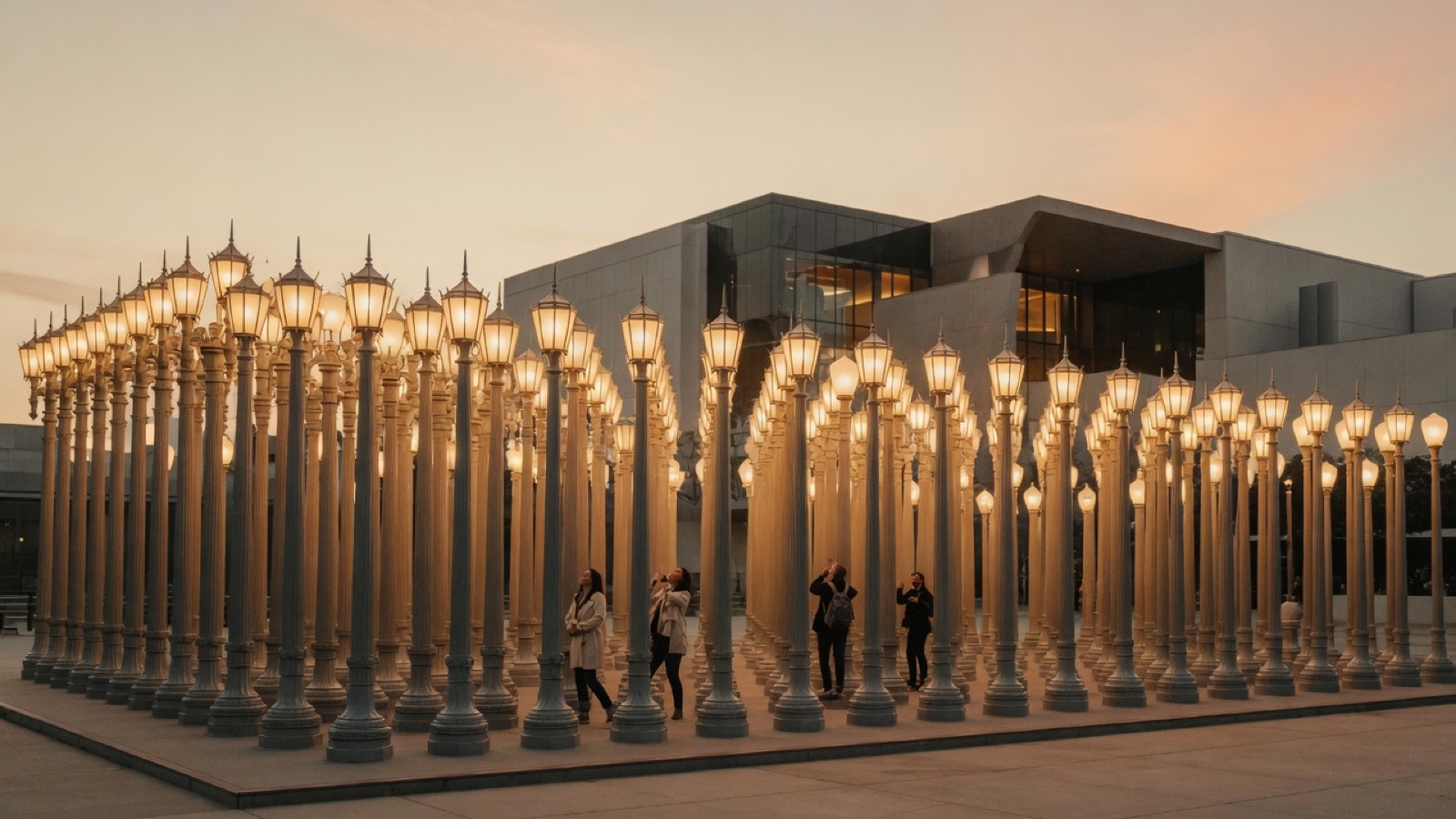 Rows of street lamp sculptures Urban Light LACMA Los Angeles
