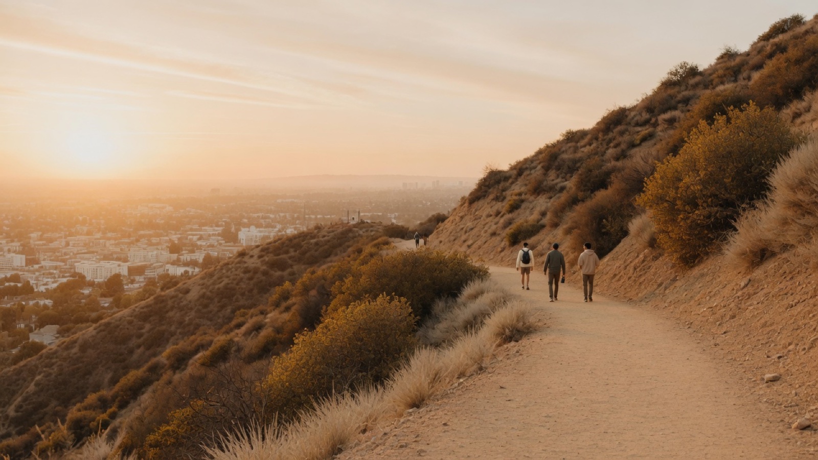 Dusty canyon trail with city haze Los Angeles hills