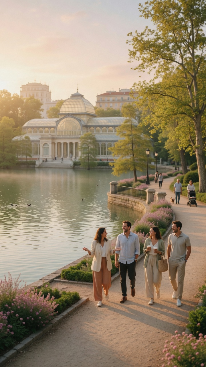 Soft Cork morning light over Parque del Retiro lake Madrid company hangouts