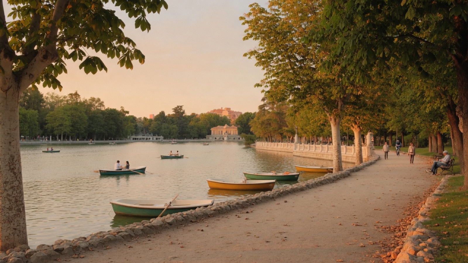 Retiro park lake soft evening light Madrid