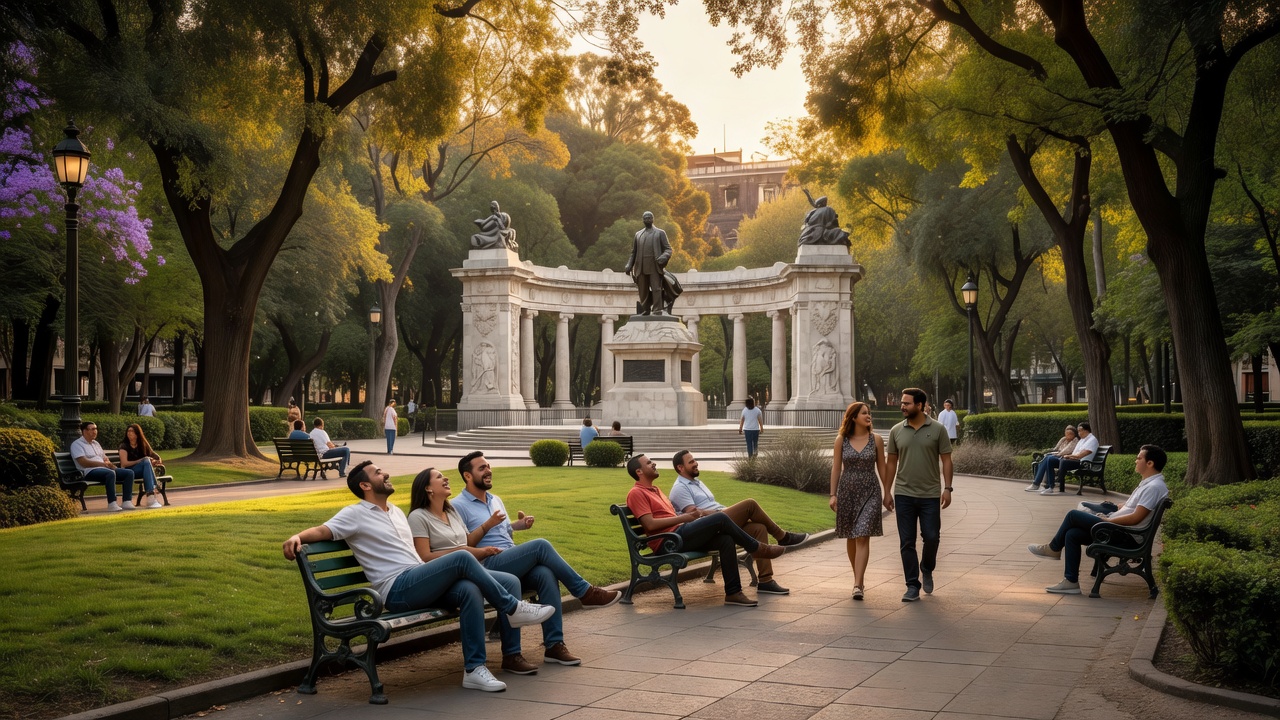 Historic pathways and fountains in Alameda Central downtown Mexico City